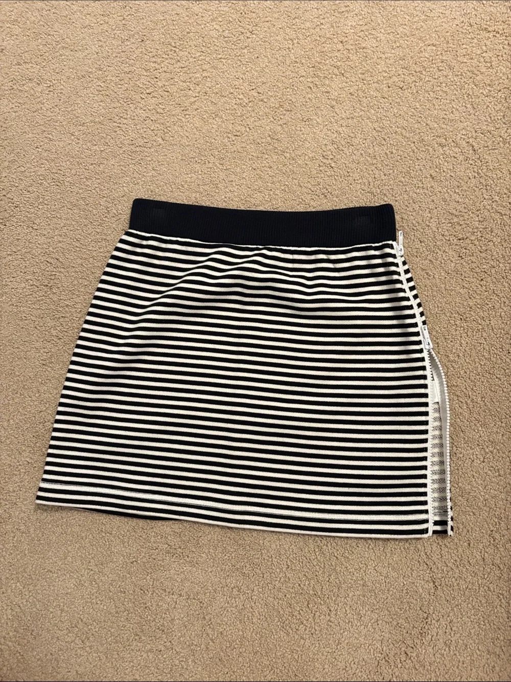 kate spade navy mini skirt with cream & gray stripe detail